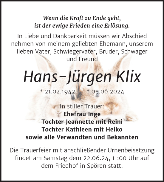 Traueranzeige von Hans-Jürgen Klix von Trauerkombi Bitterfeld