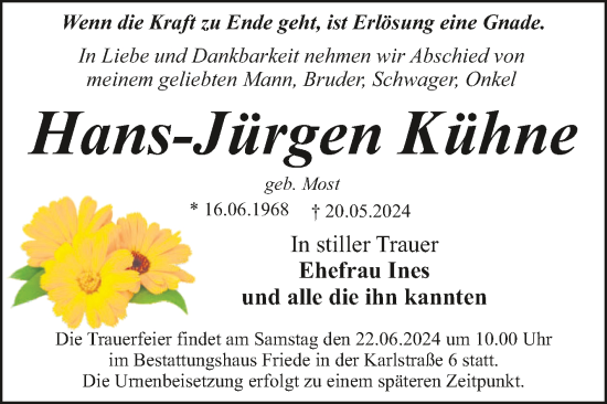 Traueranzeige von Hans-Jürgen Kühne von Trauerkombi Dessau