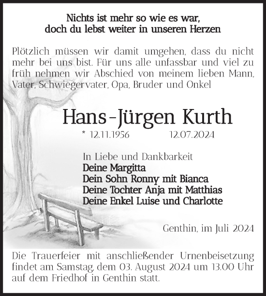 Traueranzeige von Hans-Jürgen Kurth von Volksstimme Burg/Genthin