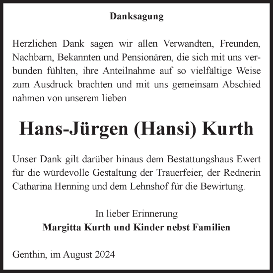 Traueranzeige von Hans-Jürgen Kurth von Volksstimme Burg/Genthin