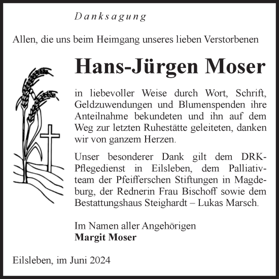 Traueranzeige von Hans-Jürgen Moser von Volksstimme Oschersleben/Wanzleben