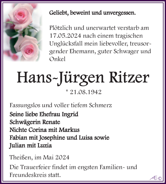 Traueranzeige von Hans-Jürgen Ritzer von Trauerkombi Zeitz