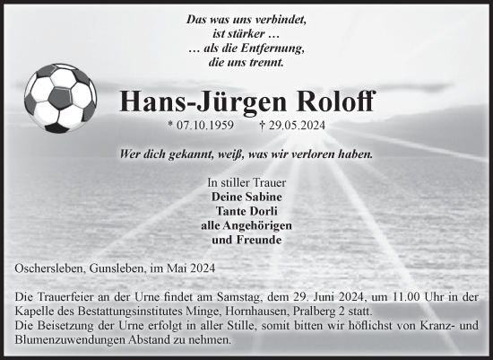 Traueranzeige von Hans-Jürgen Roloff von Volksstimme Oschersleben/Wanzleben