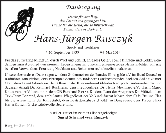 Traueranzeige von Hans-Jürgen Rusczyk von Volksstimme Burg/Genthin