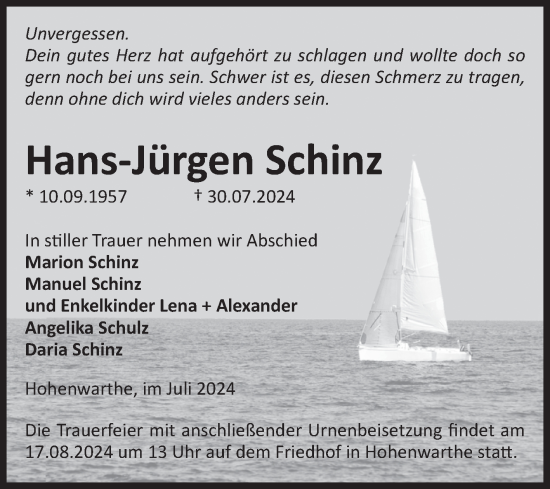 Traueranzeige von Hans-Jürgen Schinz von Volksstimme Burg/Genthin