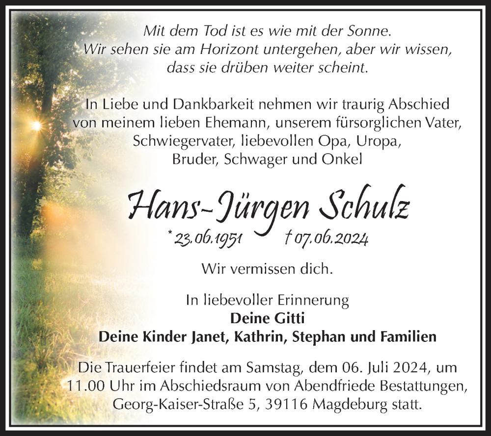  Traueranzeige für Hans-Jürgen Schulz vom 22.06.2024 aus Volksstimme Magdeburg