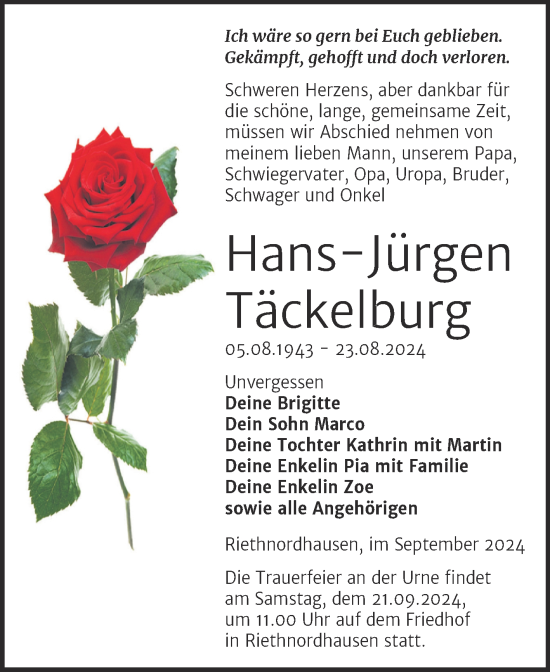 Traueranzeige von Hans-Jürgen Täckelburg von Trauerkombi Sangerhausen