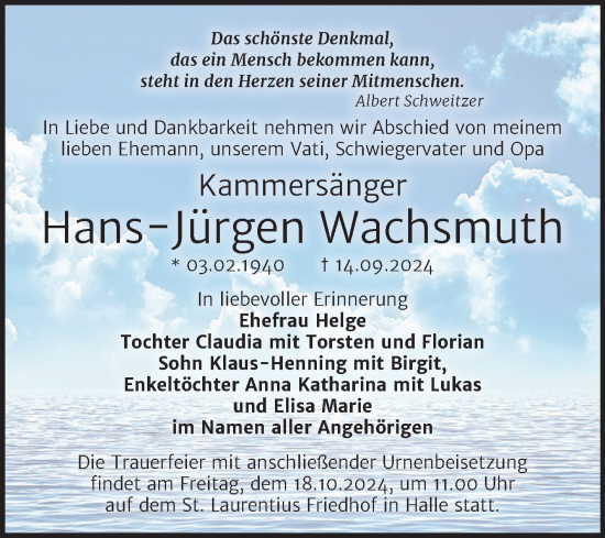 Traueranzeige von Hans-Jürgen Wachsmuth von Mitteldeutsche Zeitung Halle/Saalkreis