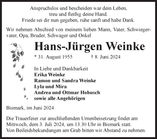 Traueranzeige von Hans-Jürgen Weinke von Volksstimme Altmark Ost