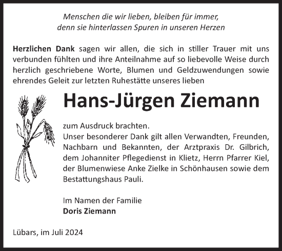 Traueranzeige von Hans-Jürgen Ziemann von Volksstimme Altmark Ost