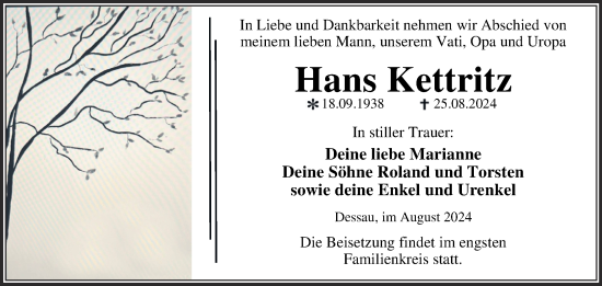 Traueranzeige von Hans Kettritz von Trauerkombi Dessau