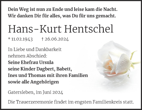 Traueranzeige von Hans-Kurt Hentschel von Trauerkombi Aschersleben