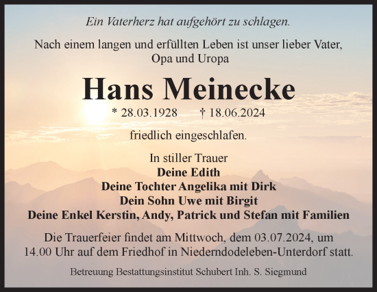 Traueranzeige von Hans Meinecke von Volksstimme Magdeburg