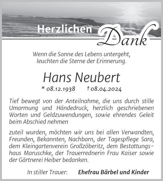 Traueranzeige von Hans Neubert von Trauerkombi Bitterfeld