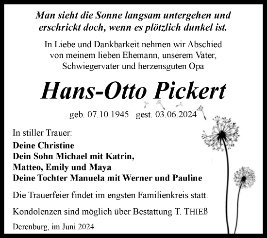 Traueranzeige von Hans-Otto Pickert von Volksstimme Wernigerode