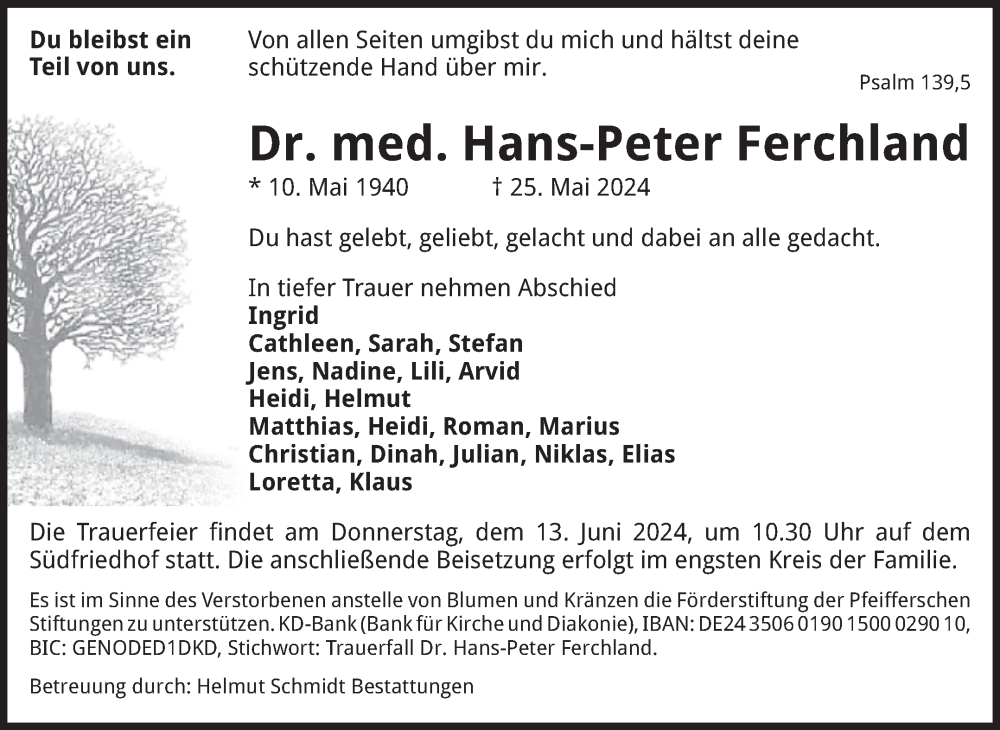  Traueranzeige für Hans-Peter Ferchland vom 01.06.2024 aus Volksstimme Magdeburg