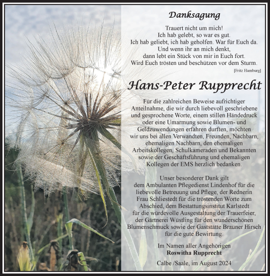 Traueranzeige von Hans-Peter Rupprecht von Volksstimme Schönebeck