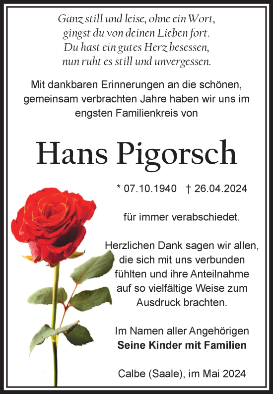 Traueranzeige von Hans Pigorsch von Volksstimme Schönebeck