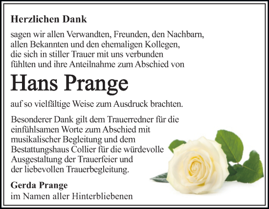 Traueranzeige von Hans Prange von Trauerkombi Dessau