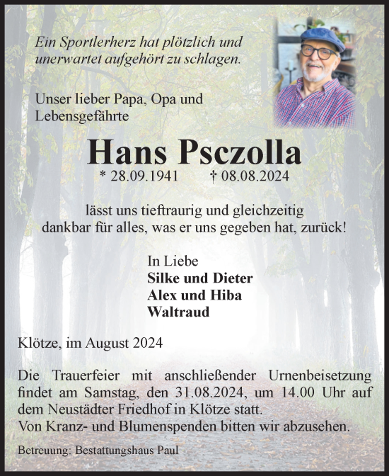 Traueranzeige von Hans Psczolla von Volksstimme Altmark West