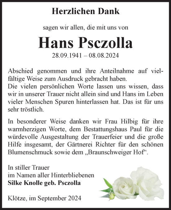 Traueranzeige von Hans Psczolla von Volksstimme Altmark West
