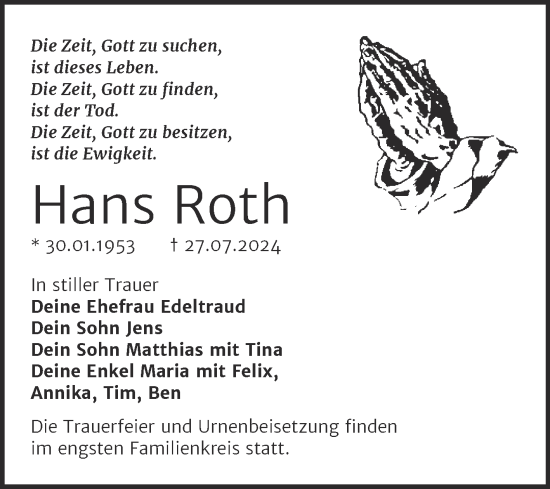 Traueranzeige von Hans Roth von Trauerkombi Köthen
