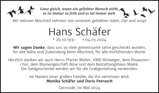 Traueranzeige von Hans Schäfer von Trauerkombi Quedlinburg