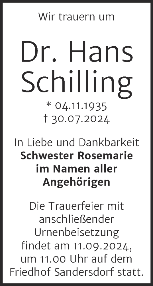 Traueranzeige von Hans Schilling von Trauerkombi Bitterfeld