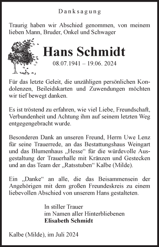 Traueranzeige von Hans Schmidt von Volksstimme Altmark West