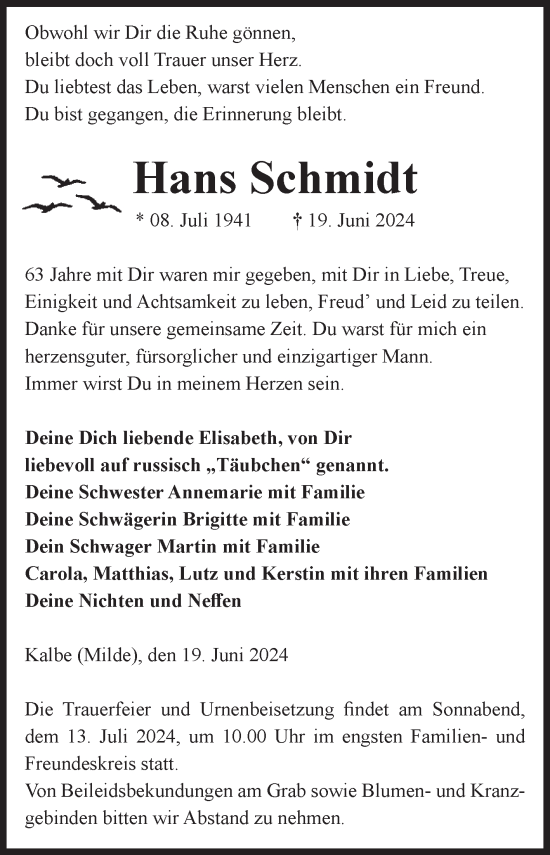 Traueranzeige von Hans Schmidt von Volksstimme Altmark West