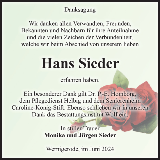 Traueranzeige von Hans Sieder von Volksstimme Wernigerode