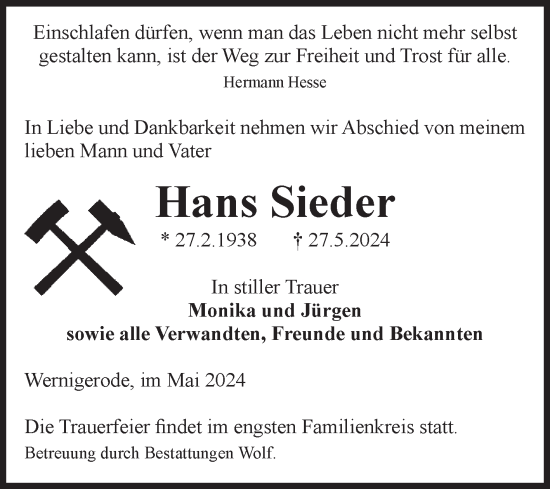 Traueranzeige von Hans Sieder von Volksstimme Wernigerode