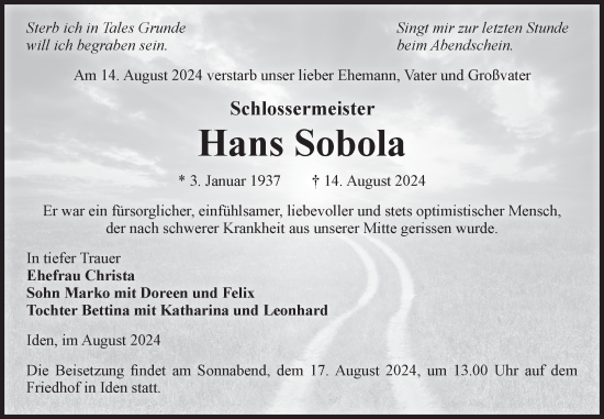 Traueranzeige von Hans Sobola von Volksstimme Altmark Ost