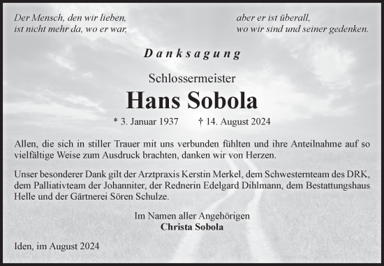 Traueranzeige von Hans Sobola von Volksstimme Altmark Ost