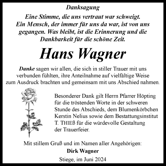 Traueranzeige von Hans Wagner von Volksstimme Wernigerode