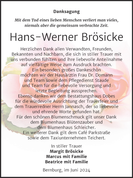 Traueranzeige von Hans-Werner Brösicke von Trauerkombi Bernburg