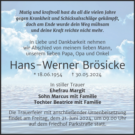 Traueranzeige von Hans-Werner Brösicke von Trauerkombi Bernburg