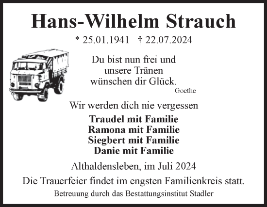 Traueranzeige von Hans-Wilhelm Strauch von Volksstimme Haldensleben/Wolmirstedt