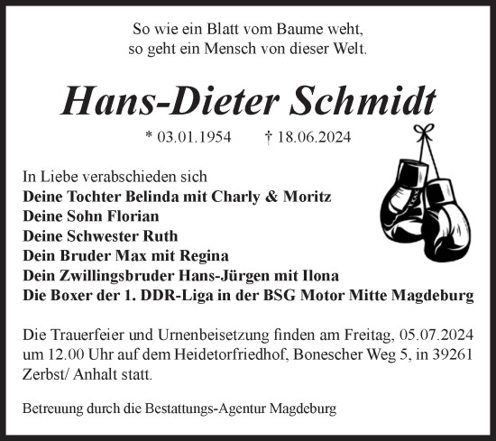 Traueranzeige von Hans Dieter Schmidt von Volksstimme Magdeburg