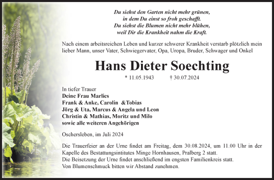 Traueranzeige von Hans Dieter Soechting von Volksstimme Oschersleben/Wanzleben