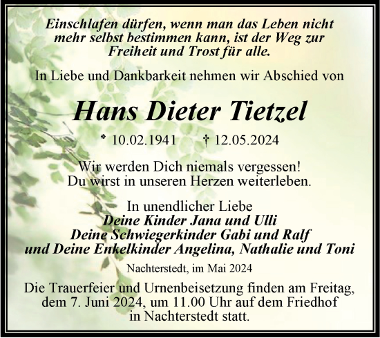 Traueranzeige von Hans Dieter Tietzel von Trauerkombi Aschersleben
