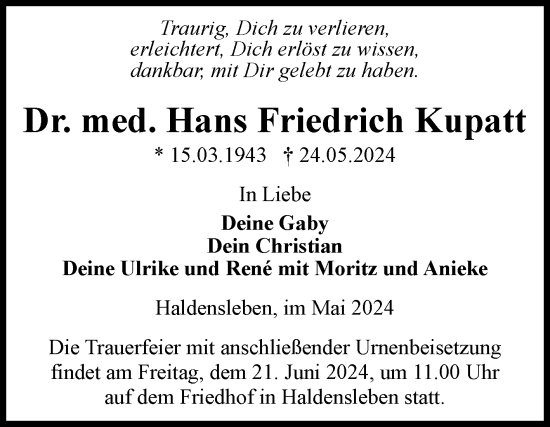 Traueranzeige von Hans Friedrich Kupatt von Volksstimme Haldensleben/Wolmirstedt