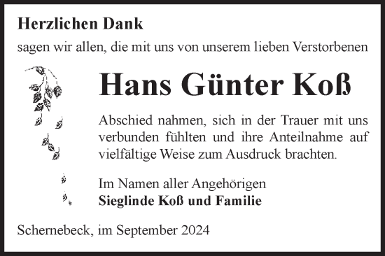 Traueranzeige von Hans Günter Koß von Volksstimme Altmark Ost