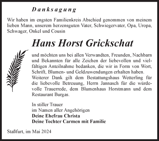 Traueranzeige von Hans Horst Grickschat von Volksstimme Staßfurt