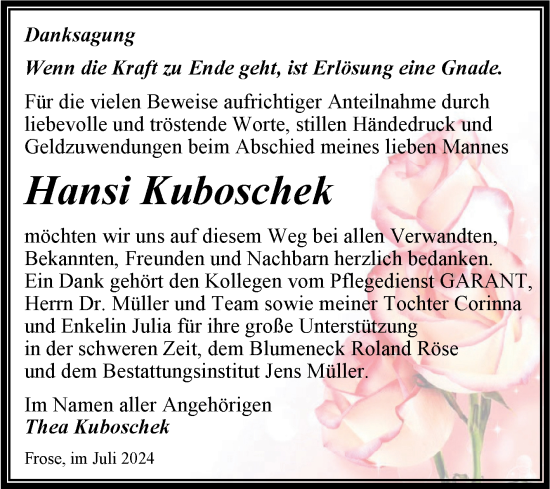 Traueranzeige von Hansi Kuboschek von Trauerkombi Aschersleben
