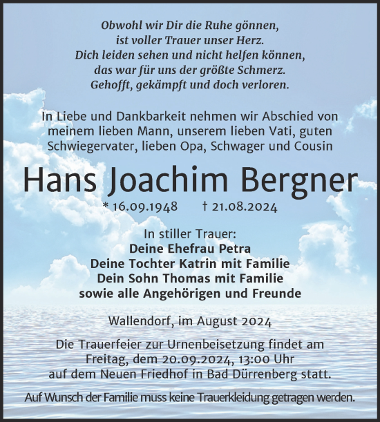 Traueranzeige von Hans Joachim Bergner von Trauerkombi Merseburg