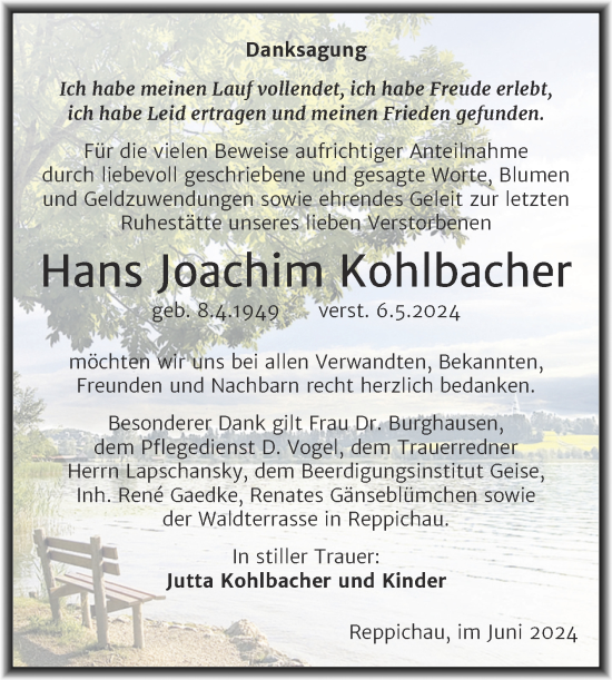 Traueranzeige von Hans Joachim Kohlbacher von Trauerkombi Köthen