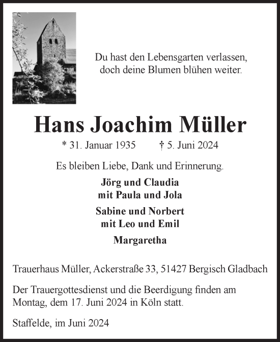 Traueranzeige von Hans Joachim Müller von Volksstimme Altmark Ost