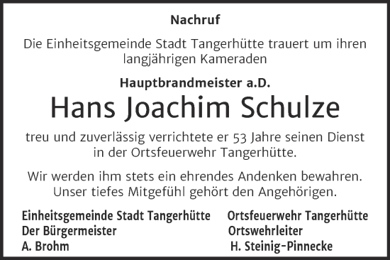 Traueranzeige von Hans Joachim Schulze von Volksstimme Altmark Ost