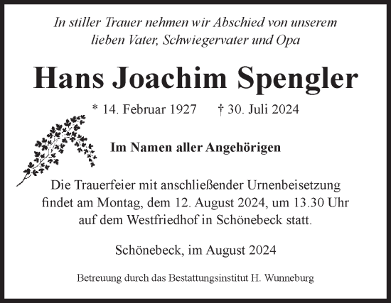Traueranzeige von Hans Joachim Spengler von Volksstimme Schönebeck